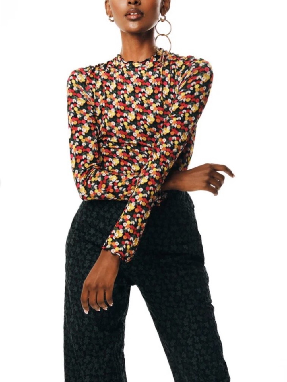 Jonathan Cohen Multi-Color Daisy Floral Long-Sleeve Lettuce Edge Top - Women